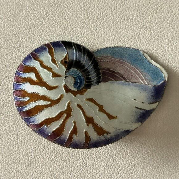 Gorgeous, Vintage Export, Sea Shell Nautilus Brooch, Sterling Silver, Enamel - Picture 1 of 3
